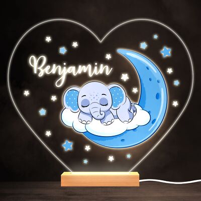 Blau schlafendes Baby Elefant bunt Herz personalisiert Geschenk Lampe Nachtlicht