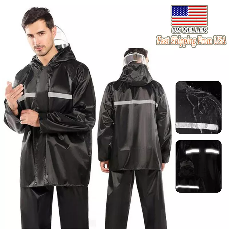 Men Black Waterproof Raincoat Rain Coat Hooded Trench Jacket Outdoor Hiking