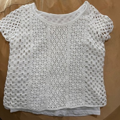 Women's White Crochet Knit Top Short Sleeve Lace Boho Shirt