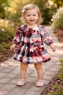 Burberry Nova Check Floral Dress Red 100% Cotton Baby Girl Toddler 12 Months 