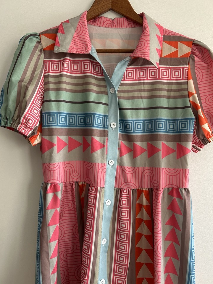 Geometric Print Shirt Dress Collared Button Front Puff Short Sleeve Knee Length