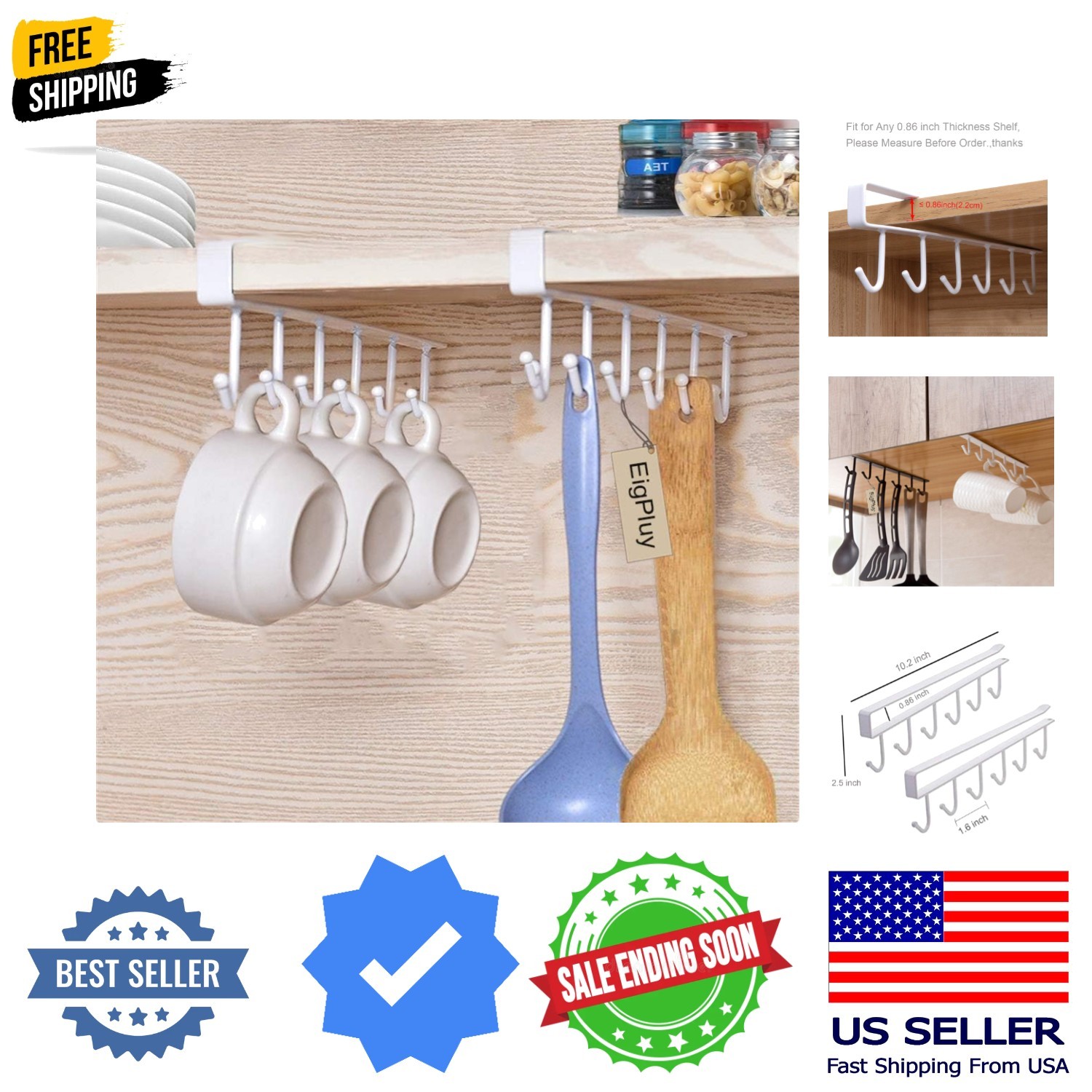 2pcs Mug Hooks Under Cabinet Cups Storage Hook Multifunction Self Adhesive Co...