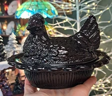Rare Mosser Glass Glossy BLACK Hen on Nest - Brand New Mint Condition
