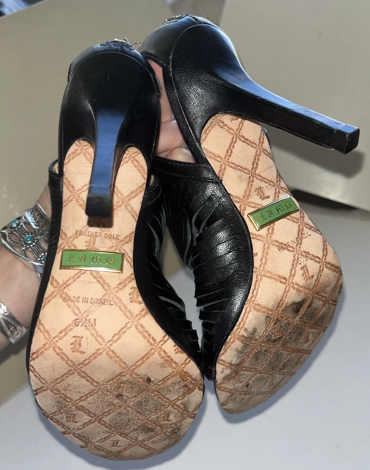 L.A.M.B. Sandalias Gwen Stefani de cuero negro con tiras al tobillo enjauladas de tacón alto 6,5 Foto 4 de 4