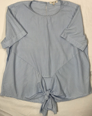 Blueh ciel Blue/White Striped Woven Cotton Tie-Front Short Sleeve Blouse L