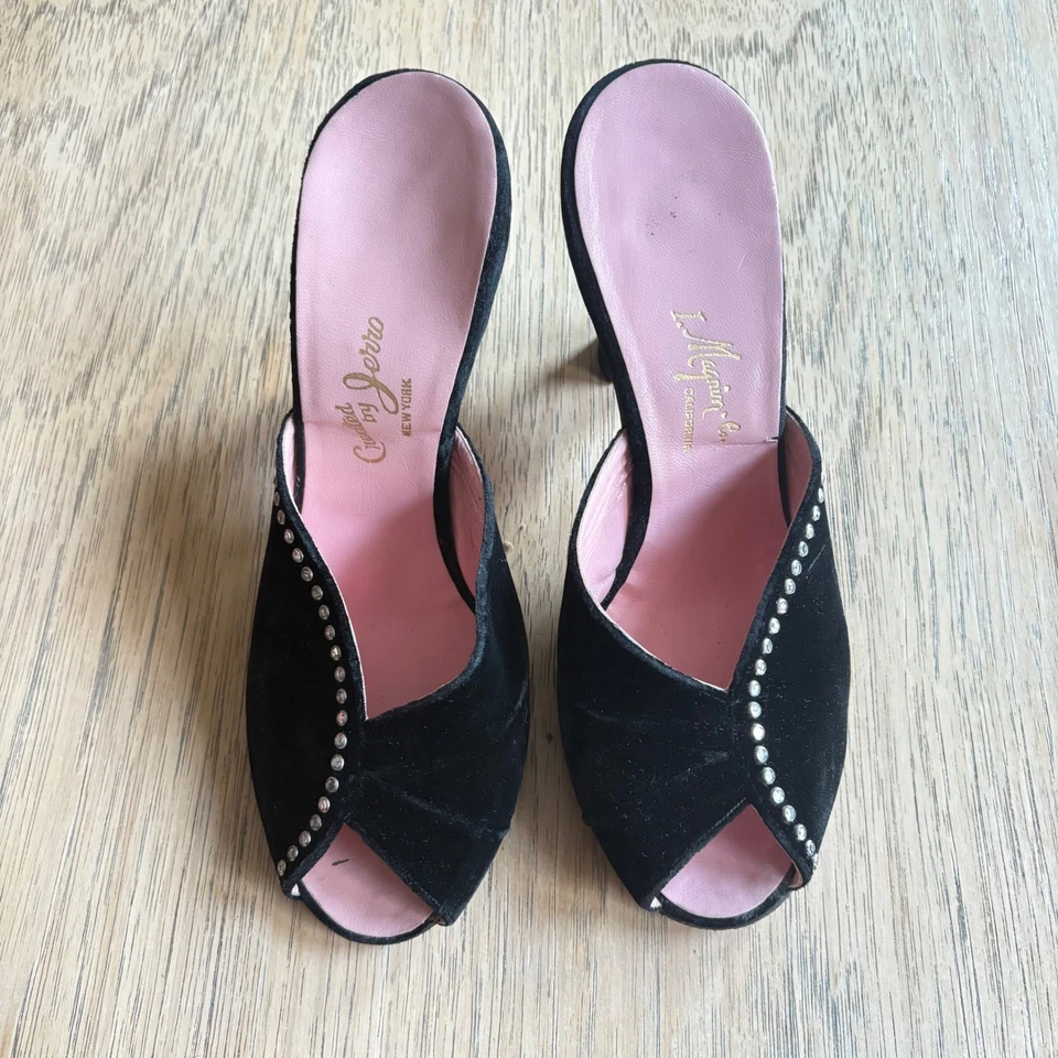 De colección 1950 I. Magnin California Tacones Terciopelo Negro Estrás Mulas Usado en Excelente Condición Foto 2 de 4