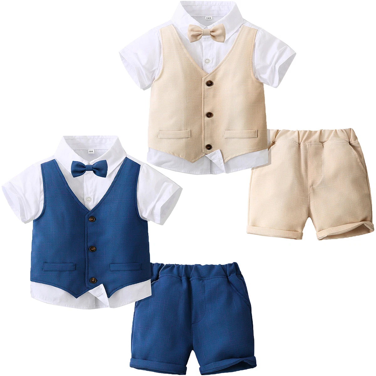 2pcs Toddler Boy  Gentleman Suit, Faux-two Vest Design Short-sleeve Polo Shirt and Gery Shorts Set