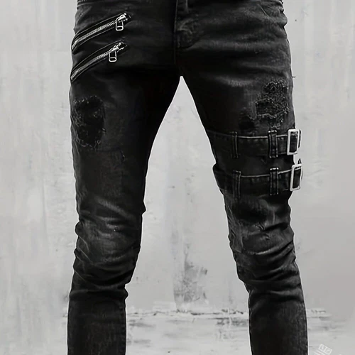 Neu Slim Fit Ripped Biker Jeans, Herren Freizeit Street Style Stretch Denim Hose - Bild 5 von 16