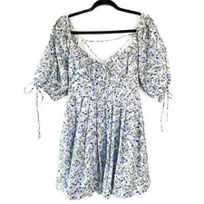 NWT Forever 21 Floral Cottagecore Mini Dress M Blue White Lace Up Puff Sleeve