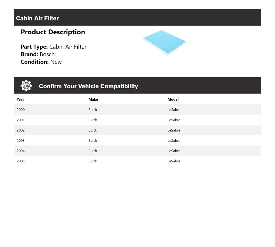 For 2000-2005 Buick LeSabre Bosch Cabin Air Filter 2001 2002 2003 2004 - Image 2 of 4