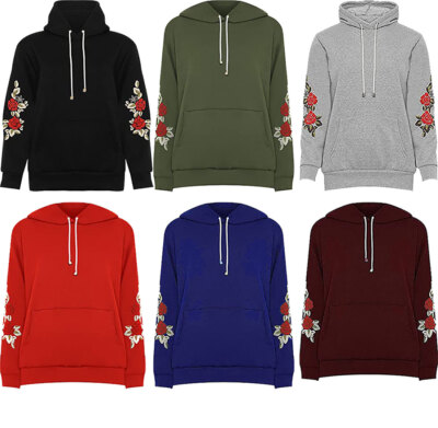 Damen Hoodie Plus Langarm Blumen bestickt Beutel Tasche Sweatshirt