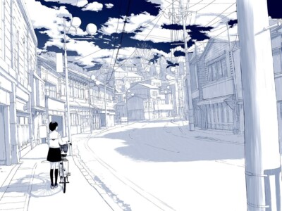 Anime selective coloring bicycle clouds road power lines CCG Gaming Mat Desk