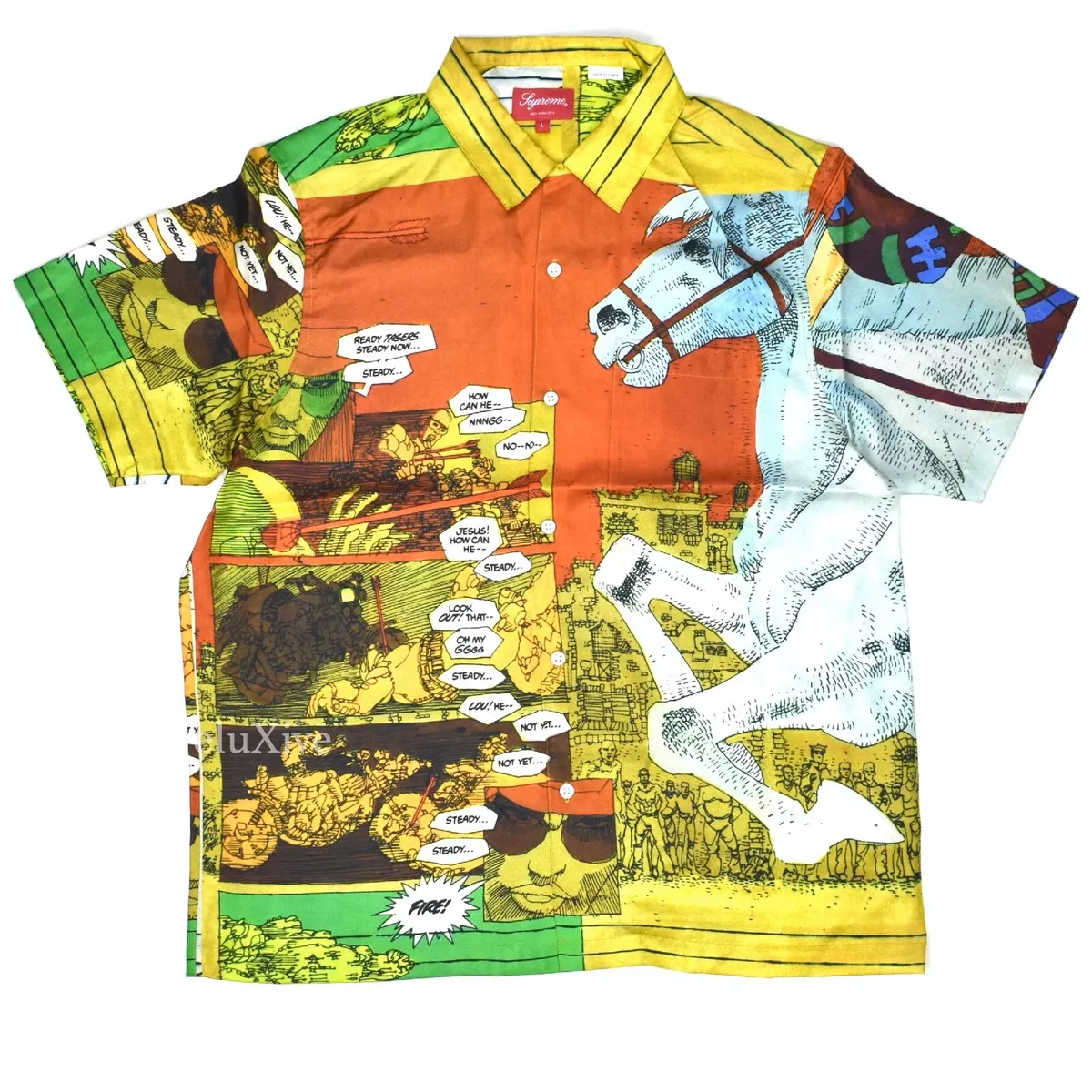 NWT Supreme Ronin Print 100% Silk Button Down Club Shirt Gold Men's L  AUTHENTIC