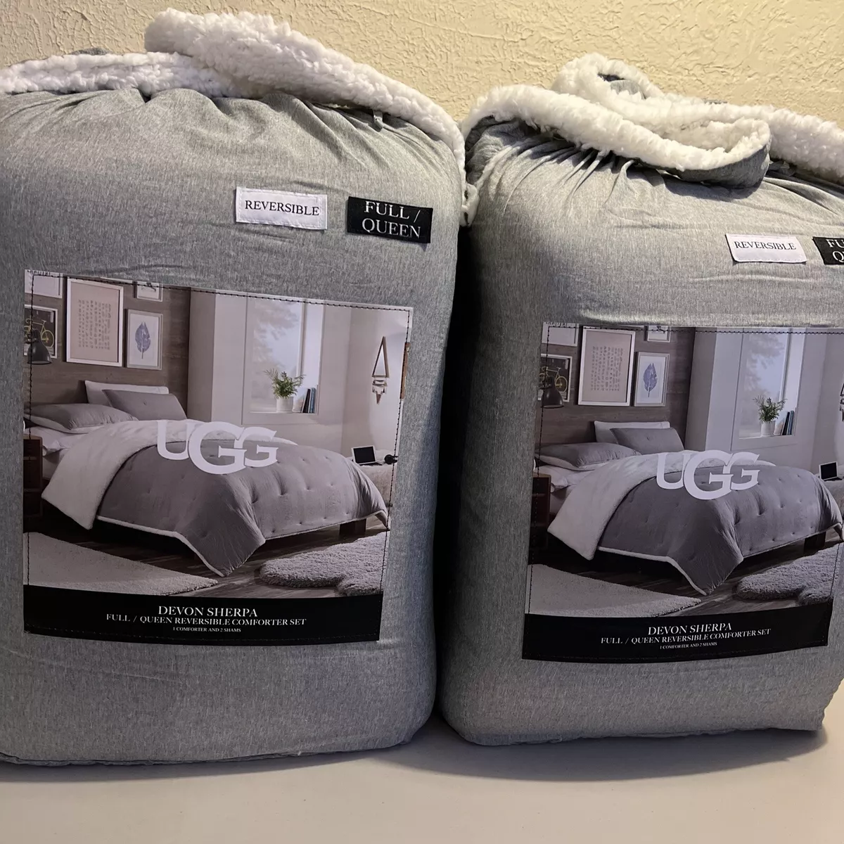 Ugg Devon Sherpa Full/Queen Reversible Comforter Set 99X90 2 Shams Seal  Gray NEW