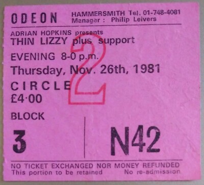 THIN LIZZY RARE CONCERT TICKET LIVE at HAMMERSMITH ODEON 1981 TOUR Phil Lynott