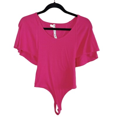 Free People Womens Ballet Romantic Flutter Sleeve Bodysuit S Raspberry Pink NEW