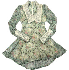 Vtg Gunne Sax Dress 70's Green Victorian Prairie Lace Sleeve Short Dress XS/SM