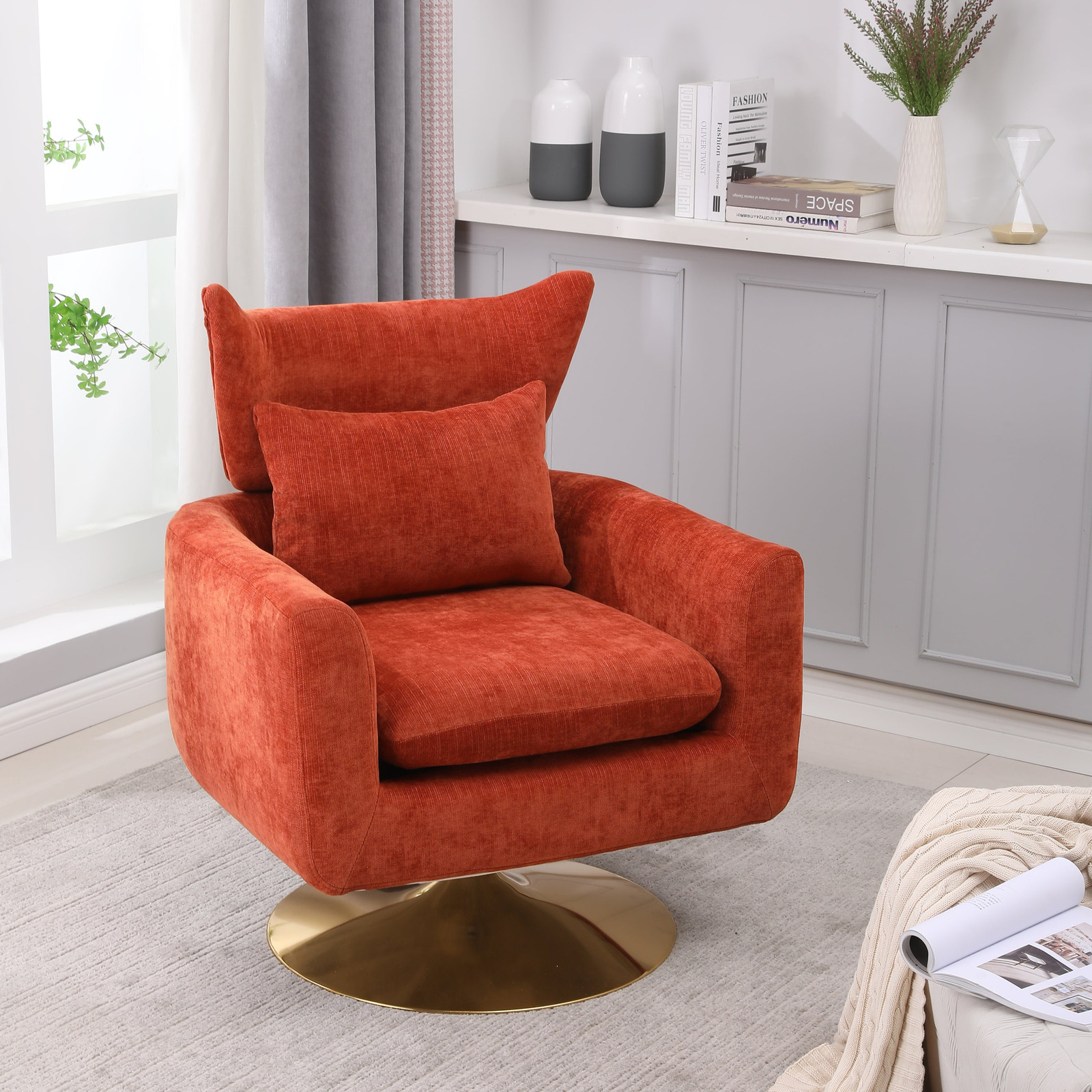 Mid-Century Modern Swivel Accent Chair in Orange Linen with 360° Rotation