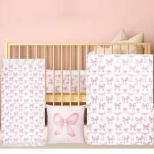 Baby Pink Bow Crib Bedding Set 3 Pcs Crib Set Baby Blanket, Fitted Sheet, Pil...