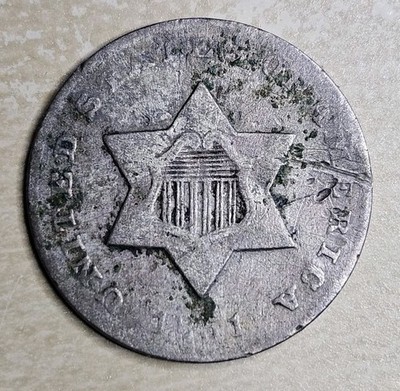 1851-O Three Cent Silver Trime Piece F Fine Or Very Fine Detail Scratch 