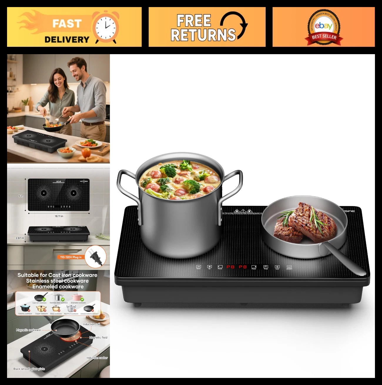 1800W Double Induction Cooktop, Dual 900W Burners, Touch Control, Timer, Safety