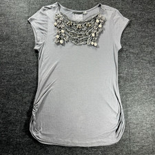 Alice+Olivia Tunic Top Womens Large Embellished Pearls Grey Boho Designer Artsy