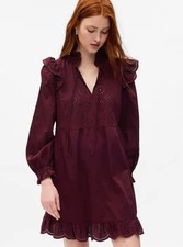 Gap Burgundy Wine Eyelet Ruffled Mini Dress with Pockets Size M Cotton Summer