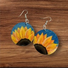 Dangle Earrings Womens Painted Wood blue SunFlower round Drop 2"