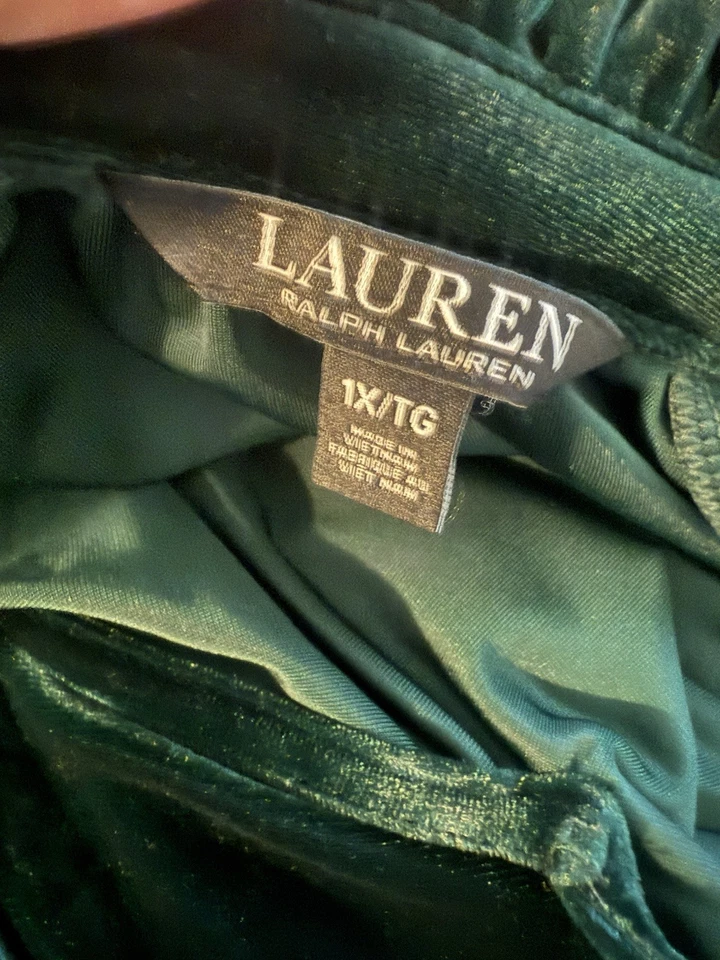 Lauren Ralph Lauren Black Label Stretch Green Velvet Top Tie-Neck Blouse Sz 1XL - Image 3 of 3