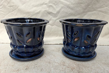 Blue Ceramic Small Plant Pots with Trays