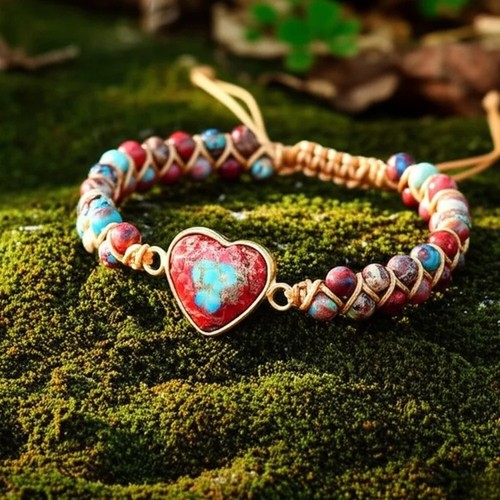 Women Handmade Natural Heart Gemstone Sea Sediment Healing Chakra Bracelet