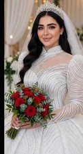 Ivory Ball Gown Wedding Dress High Neck Long Sleeve Beaded Full-Length
