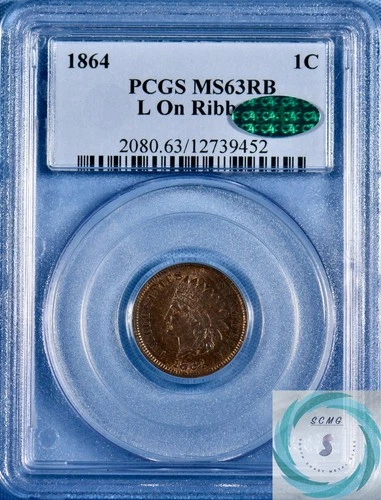 1864 1C Indian Head Cent PCGS MS63 L On Ribbon w/CAC - Classic Look!