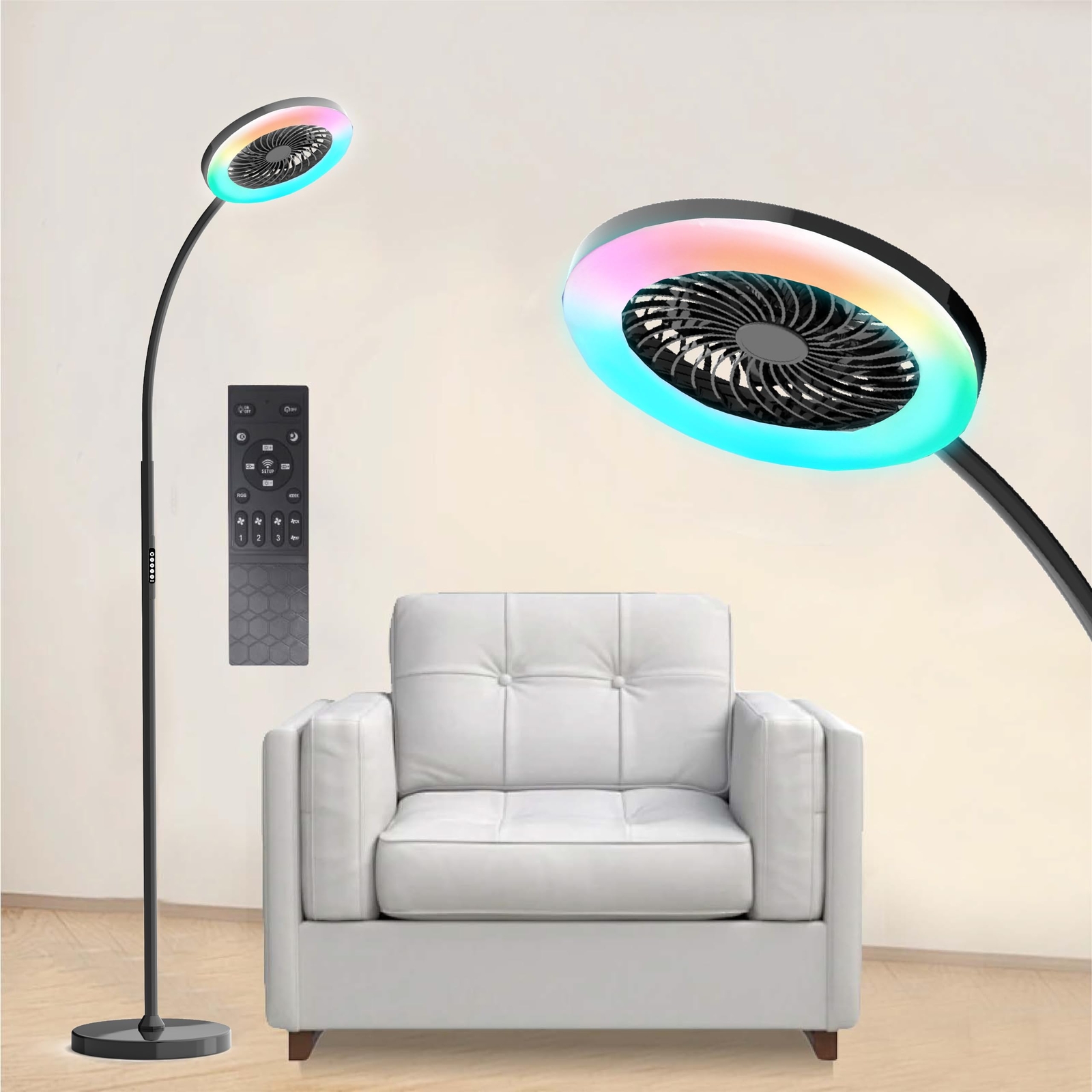 RGB LED Floor Lamp with Fan, 18W/1500LM Stepless Adjustable Lighting