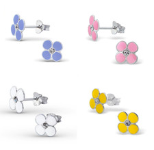925 Sterling Silver With Crystal Flower Stud Earrings Kids Girls Women