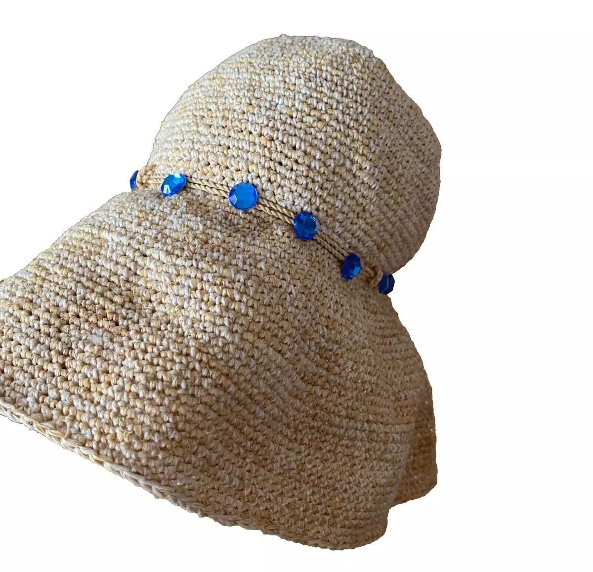 $200 Helen Kaminski Provence 10 Raffia Hat Straw Blue Jewels Rocks Easily  Fold