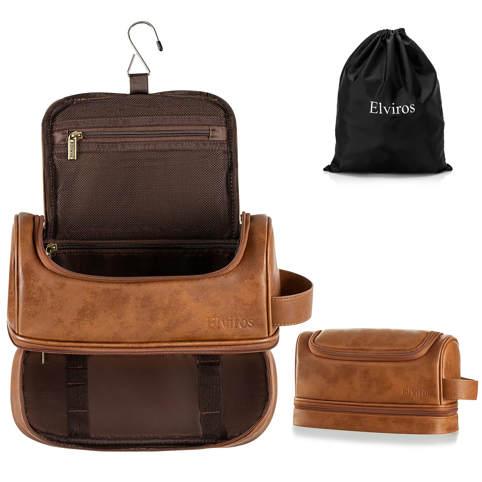 Toiletry Bag Mens Leather Travel Organizer Kit with hanging hook Large Water-...-image