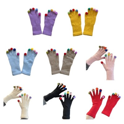Knitted Glove Winter Full Finger Mitten Stretchy Colorful Pompom Decor Gloves