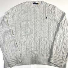 Polo Ralph Lauren Mens Cable knit Cotton Crewneck Sweater color Light Gray logo
