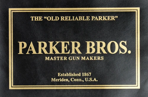 AMERICAN GUNMAKER LEATHER CASE TRADE LABEL for PARKER BROTHERS BROS. shotgun