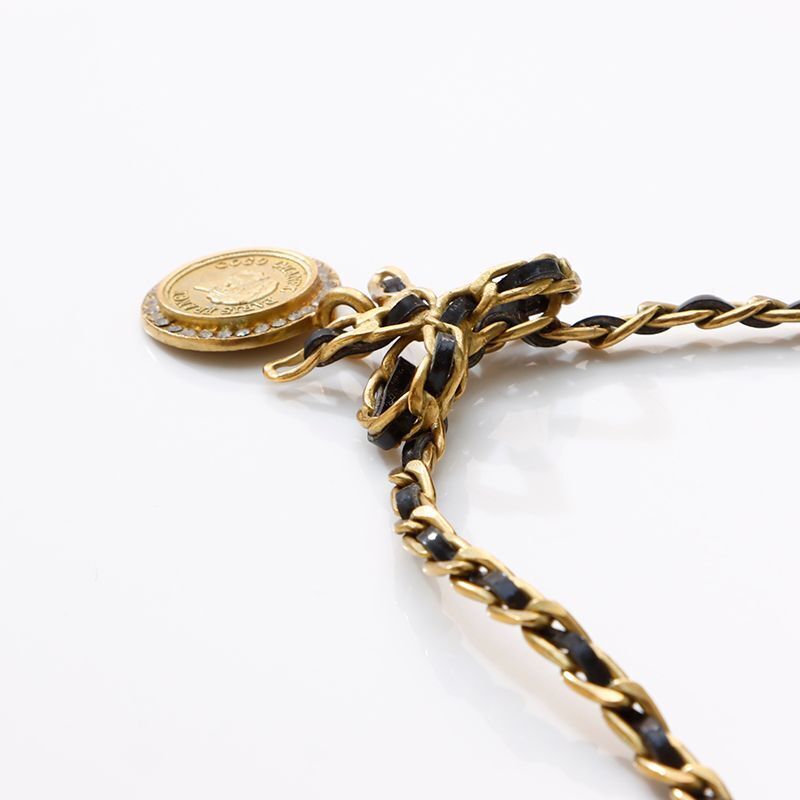 CHANEL Necklace Coin Gold Chain Leather Ribbon Rhinestone CHANEL Necklace Coin Gold Chain Leather Ribbon Rhinestone