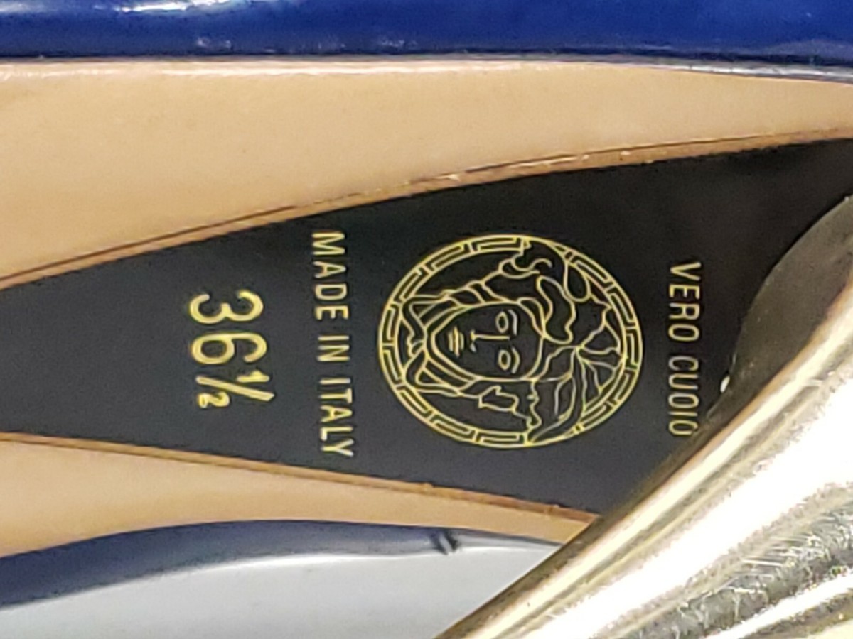 VERSACE BLUE PATENT LEATHER PEEP TOE DOUBLE PLATFORM HEELS