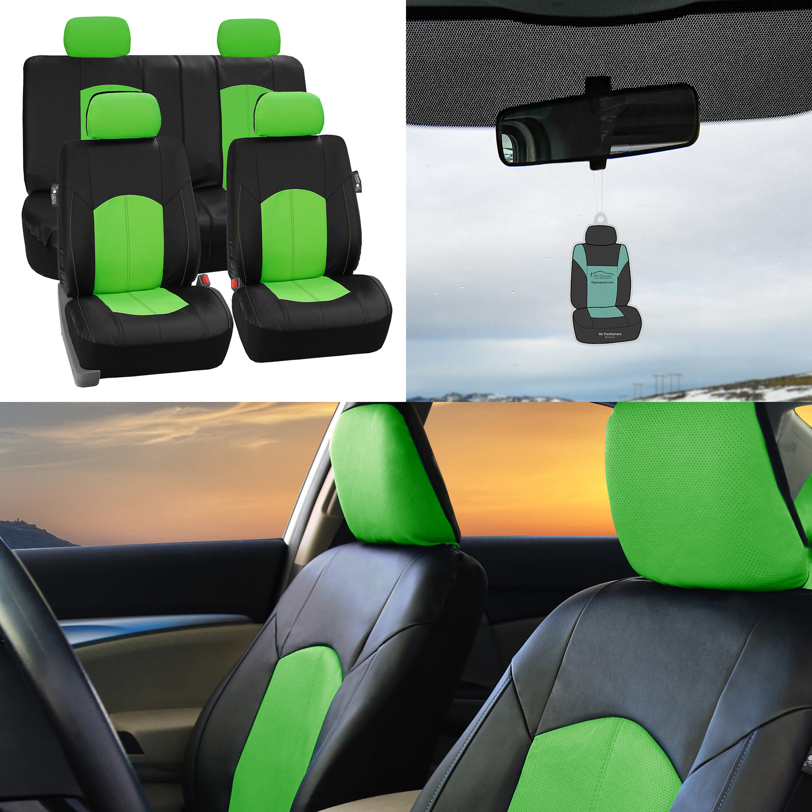 Green Black Deluxe Faux Leather Seat Covers Full Interior w/ Free Air Freshener