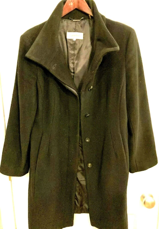Calvin Klein 100% Wool Black Mid Length Coat Stand up Collar hidden Button Sz 12 - Image 2 of 4