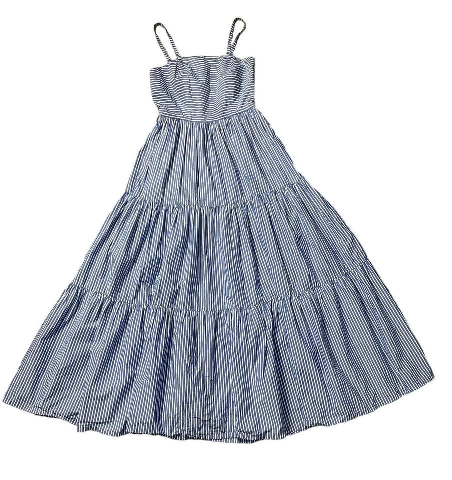 Maxi Vestido J Crew Garratt Azul Blanco Rayas Popelina En Niveles Algodón Volantes Talla 00 Foto 3 de 4