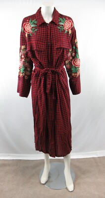 NWT ZARA trf Outwear Women's Plaid Embroidered Shirt Dress Size M #OS487