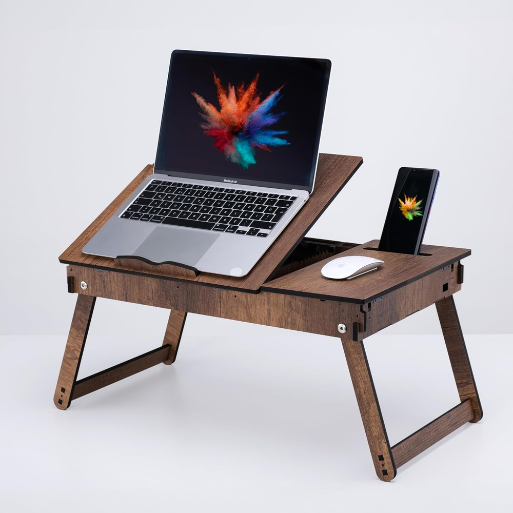 Adjustable Foldable Laptop Stand for Bed with Built-In Storage Tray  