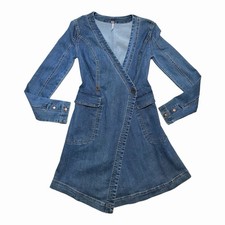 Free People size UK 6 Denim Wrap Mini Dress Blue Jean V-Neck Long Sleeve Western