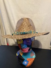 Sun 'N' Sand Woven Straw Cowboy Hat Turquoise Beaded Band Western Sun Hat