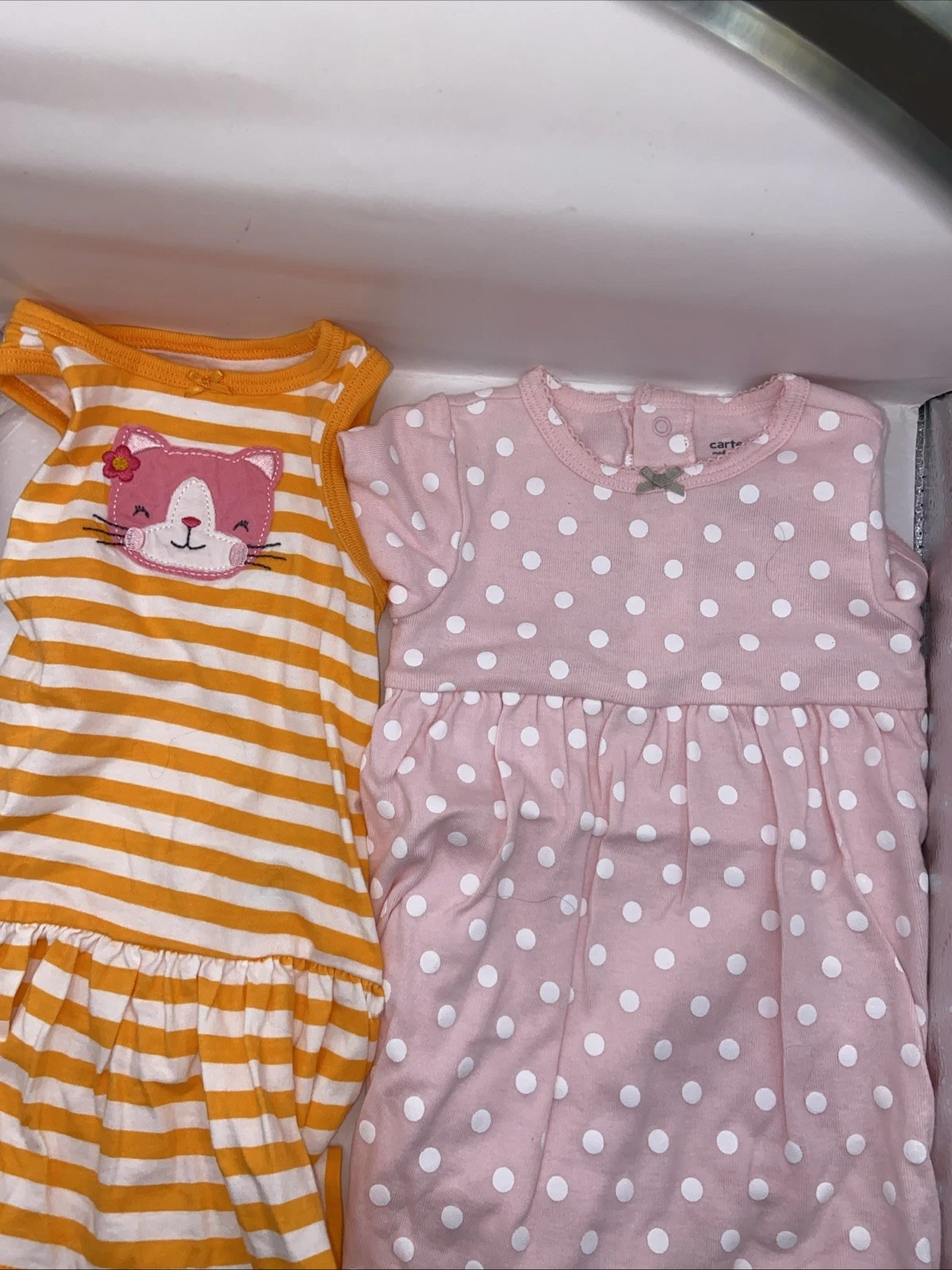 CARTERS BABY GIRLS TWO PACK ORANGE DRESS & white polkadot pink dress 9 month